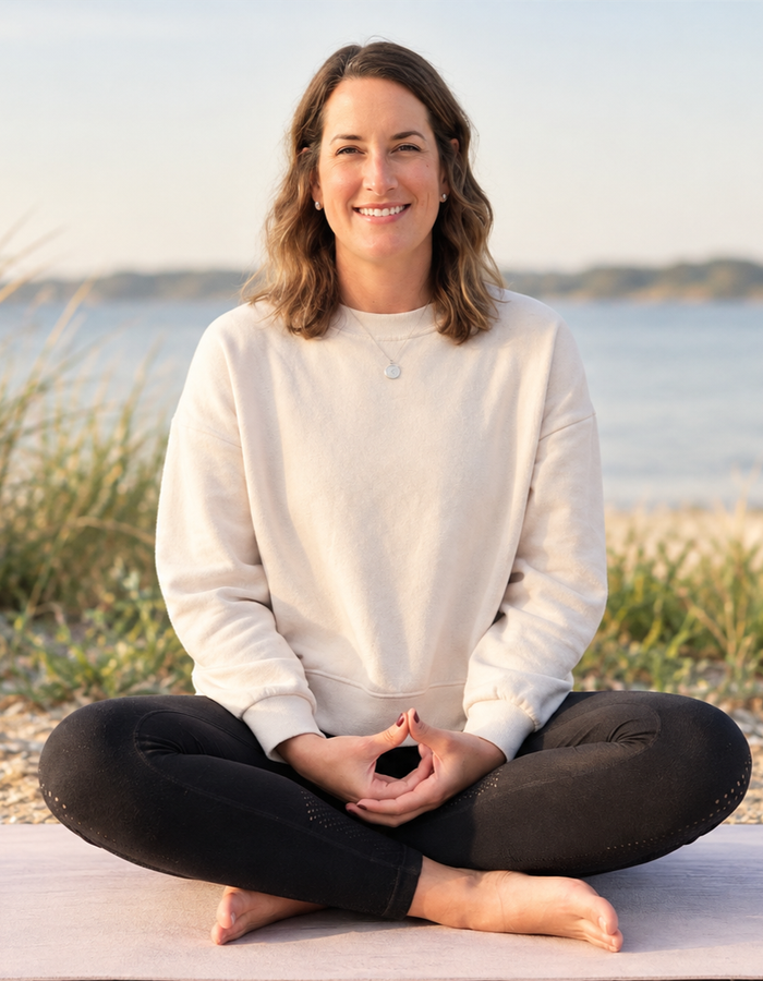 J. Alba practicing yoga in a peaceful natural setting